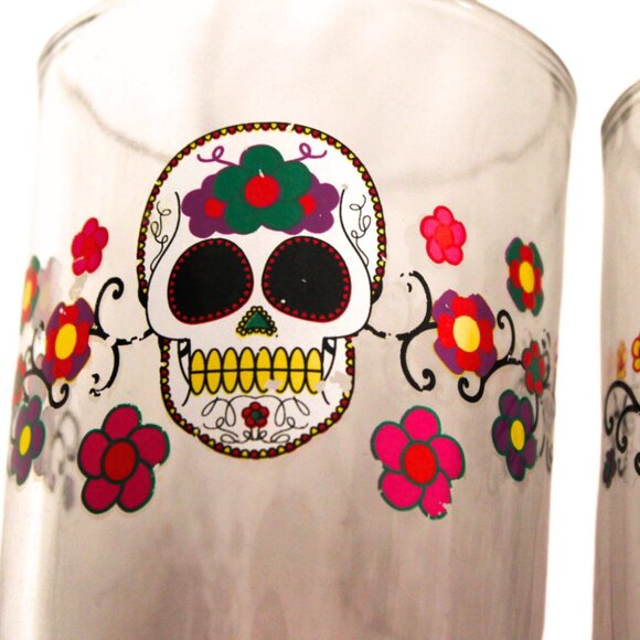 Set of 4 Vintage Glass Old Fashioned Tumblers Day of the Dead Sugar Skull - Picture 8 of 8